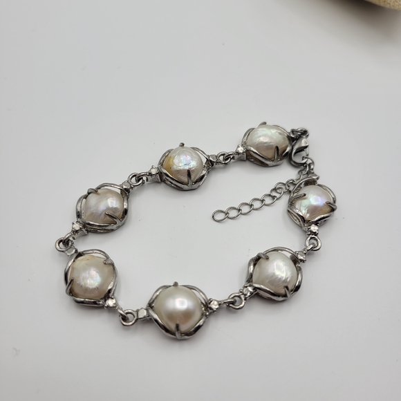 Vintage Silver tone Blister Pearl Rhodium Plated Bracelet Size 7 in - Picture 6 of 9